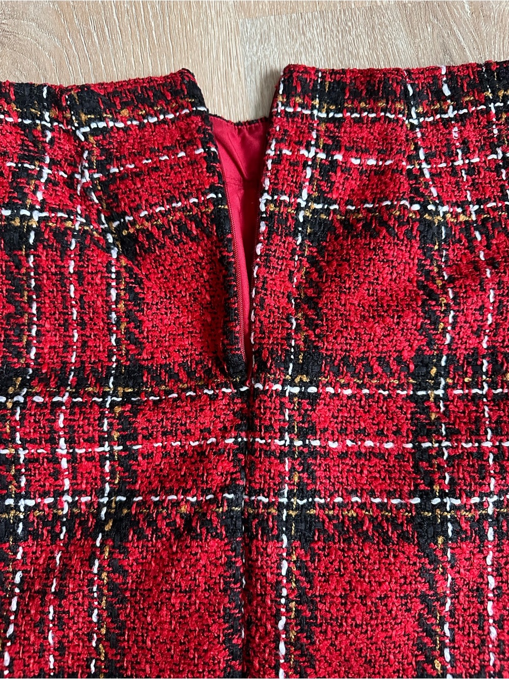 LOFT Red Plaid Tweed Mini Skirt with Black Accents - Picture 3 of 4